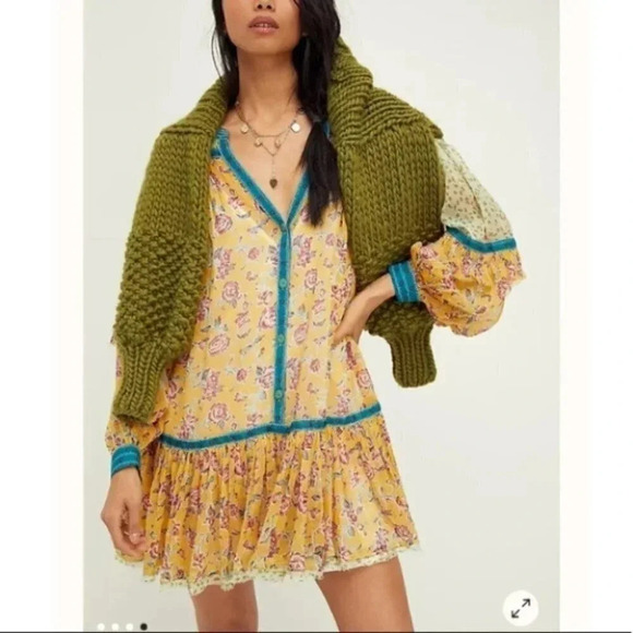 New Free People Rosebud Mix Print Mini Dress Summer Yellow Long Sleeve XS - Picture 1 of 9